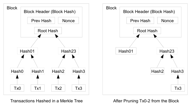 On the left, transactions Tx0 to Tx3 hashed in a Merkle tree, with the root in the block header. On the right, the same tree after pruning Tx0 to Tx2: only the hashes needed for Tx3 remain.